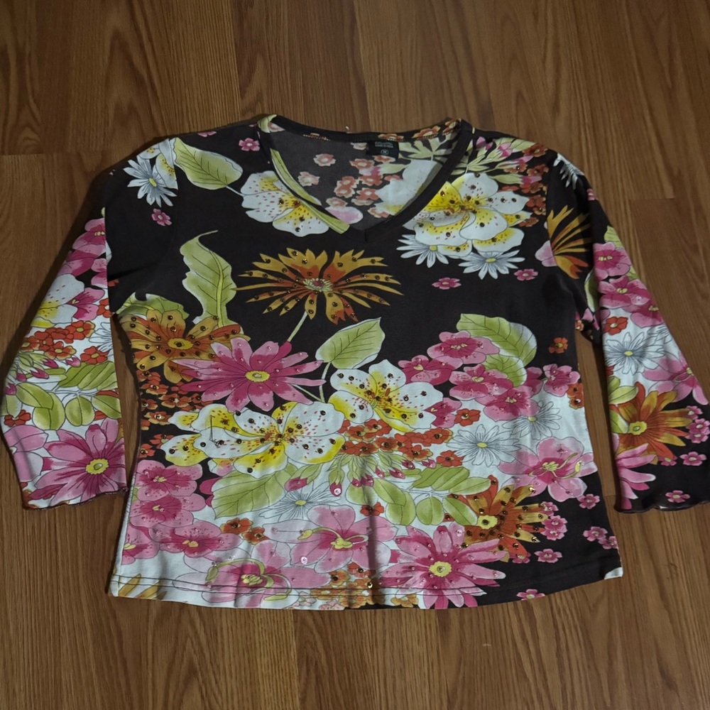 VTG Y2K Floral Bohemian Rhinestone 3/4‎ Sleeve Top S/M Art Boho Fairy Retro